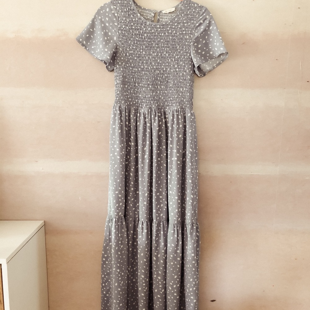 Steel blue dot maxi dress